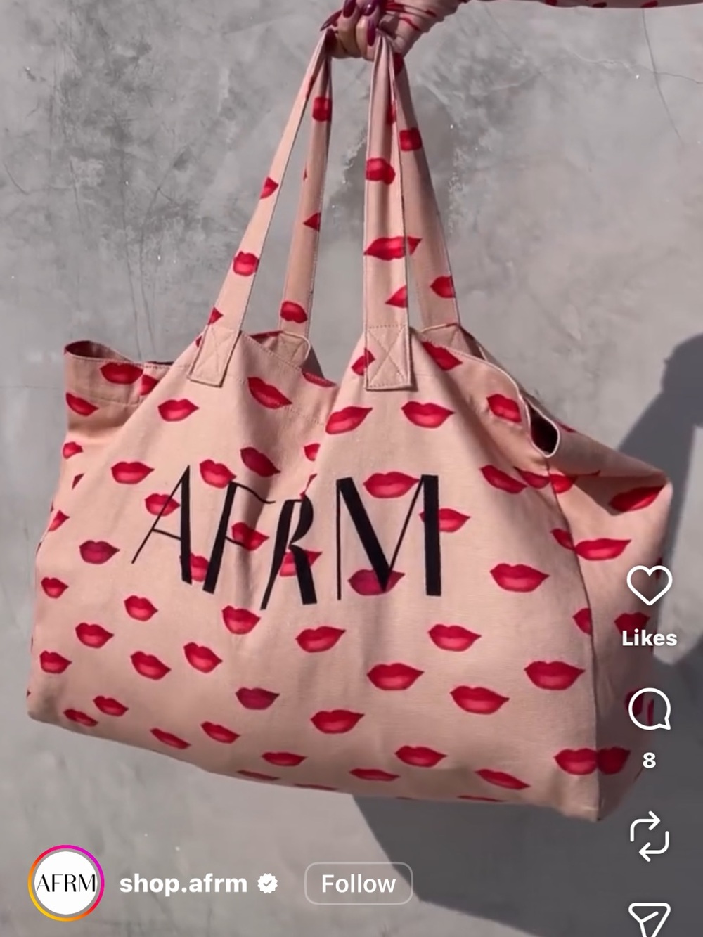 AFRM Pink Canvas Tote with Red Lip Print